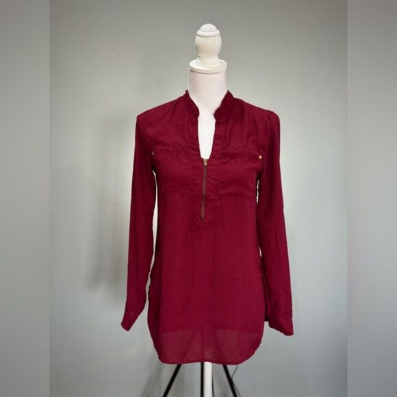 paper tee Tops - CLEAROUT! Burgundy Paper Tee 1/2 Zip Blouse Size S EUC